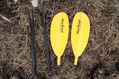 Luke’s paddle choice for the Alpacka raft, the fourpiece Manta Ray from Aqua Bound.